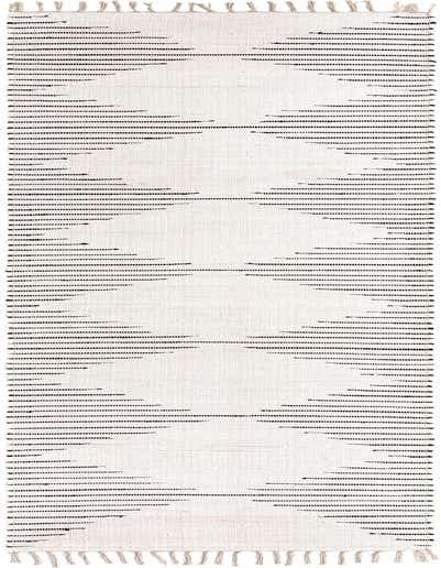 A 16 ft runner rug with a flatweave texture in off-white, featuring a subtle, broken black stripe pattern and fringed ends, ideal for a hallway.