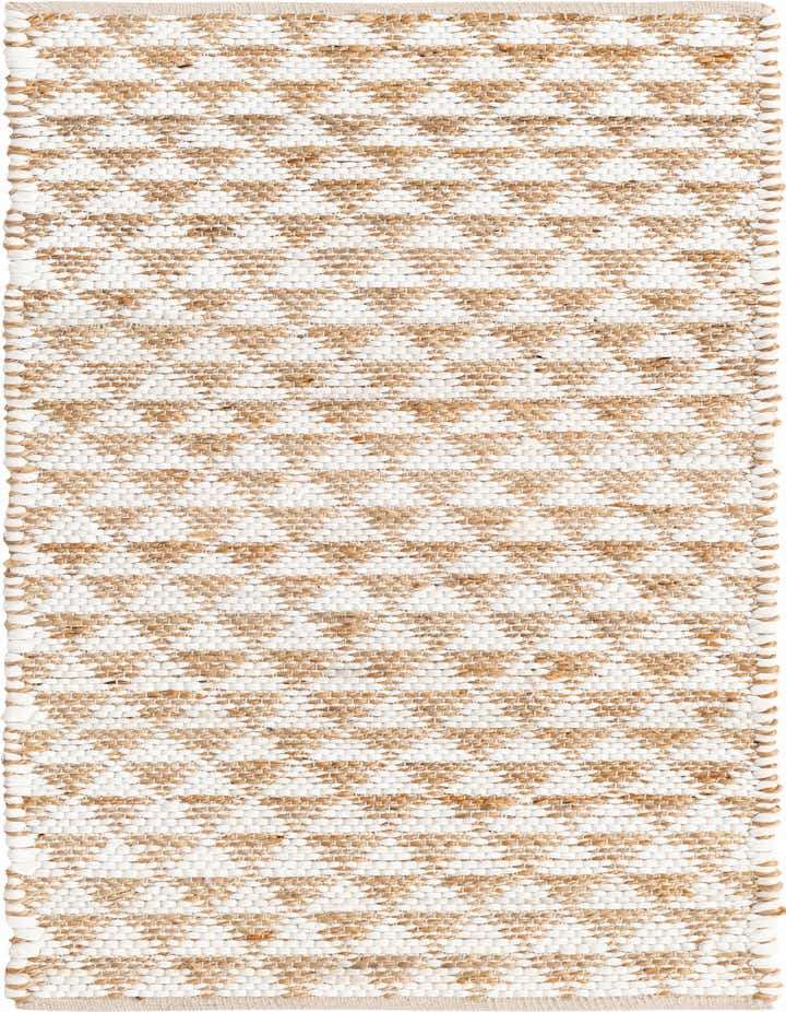 A 6 ft runner rug with a natural jute and white cotton striped pattern, perfect for a hallway.