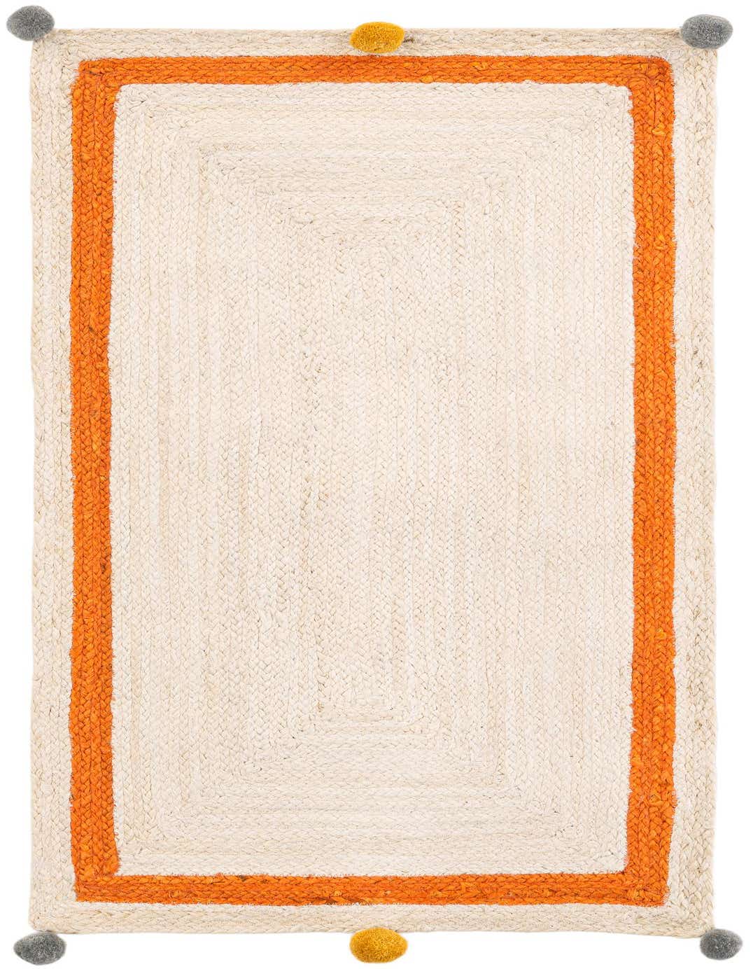 A 4 ft runner rug in braided white cotton and wool with a bright orange border and playful pom-poms on the corners.