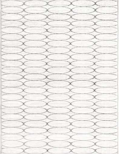 A 13 ft runner rug featuring a modern trellis pattern of interlocking white circles on a textured white background, ideal for a hallway.