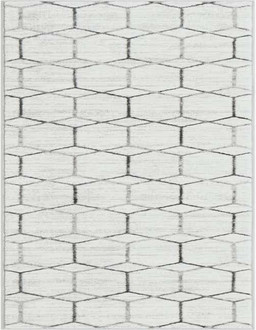 A white 8 ft runner rug with a modern geometric lattice trellis pattern in shades of gray, perfect for a hallway.