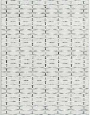 A long, white 20 ft runner rug with a modern trellis pattern in shades of gray and black, ideal for a hallway.