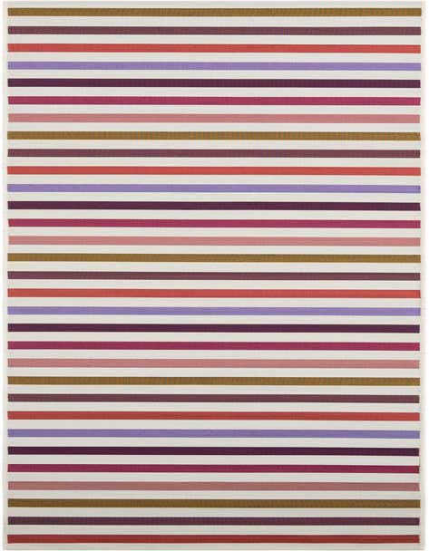 A 12 ft runner rug with a modern stripe pattern featuring alternating white, purple, red, and brown horizontal bands.
