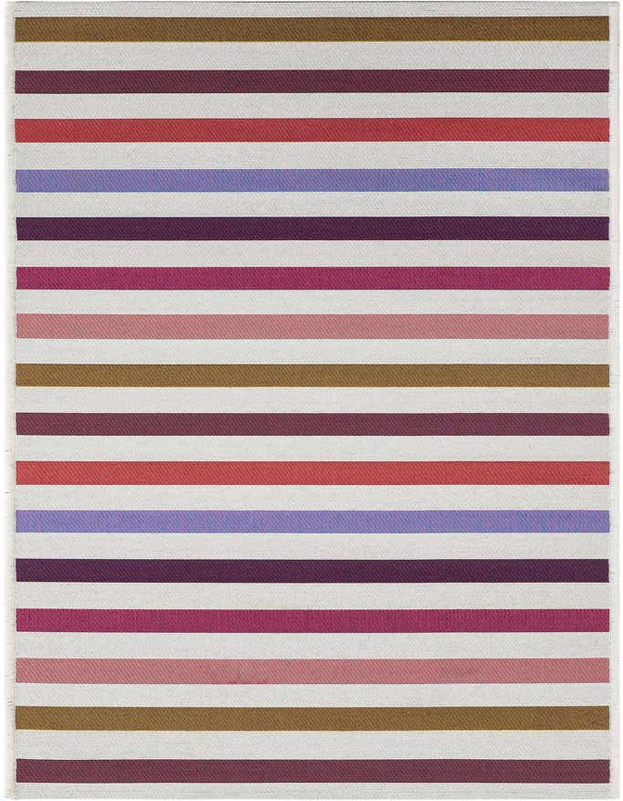 A 6 ft runner rug with modern stripes in white, red, purple, pink, and brown, ideal for hallways or patios.
