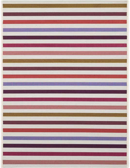 A modern 8 ft runner rug with horizontal stripes in white, purple, red, pink, and brown, suitable for a hallway or patio.