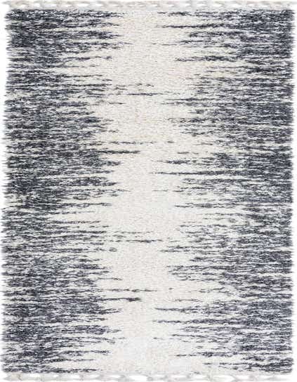 A 12 ft runner rug from the Serenity Shag collection, featuring a textured white shag pile with abstract dark grey accents, ideal for a hallway.
