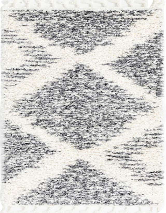 A white Serenity Shag runner rug with a gray abstract trellis pattern and fringed ends, ideal for a hallway.
