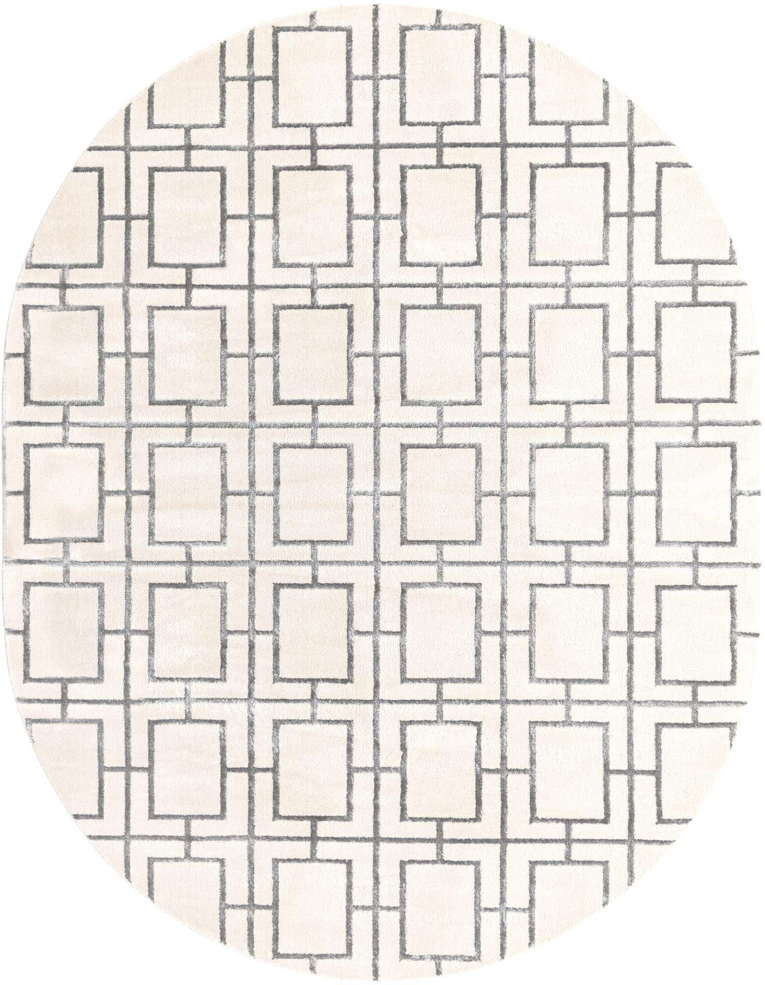 An oval Rugs.com Marilyn Monroe Glam Trellis rug featuring a modern gray geometric trellis pattern on a white background.