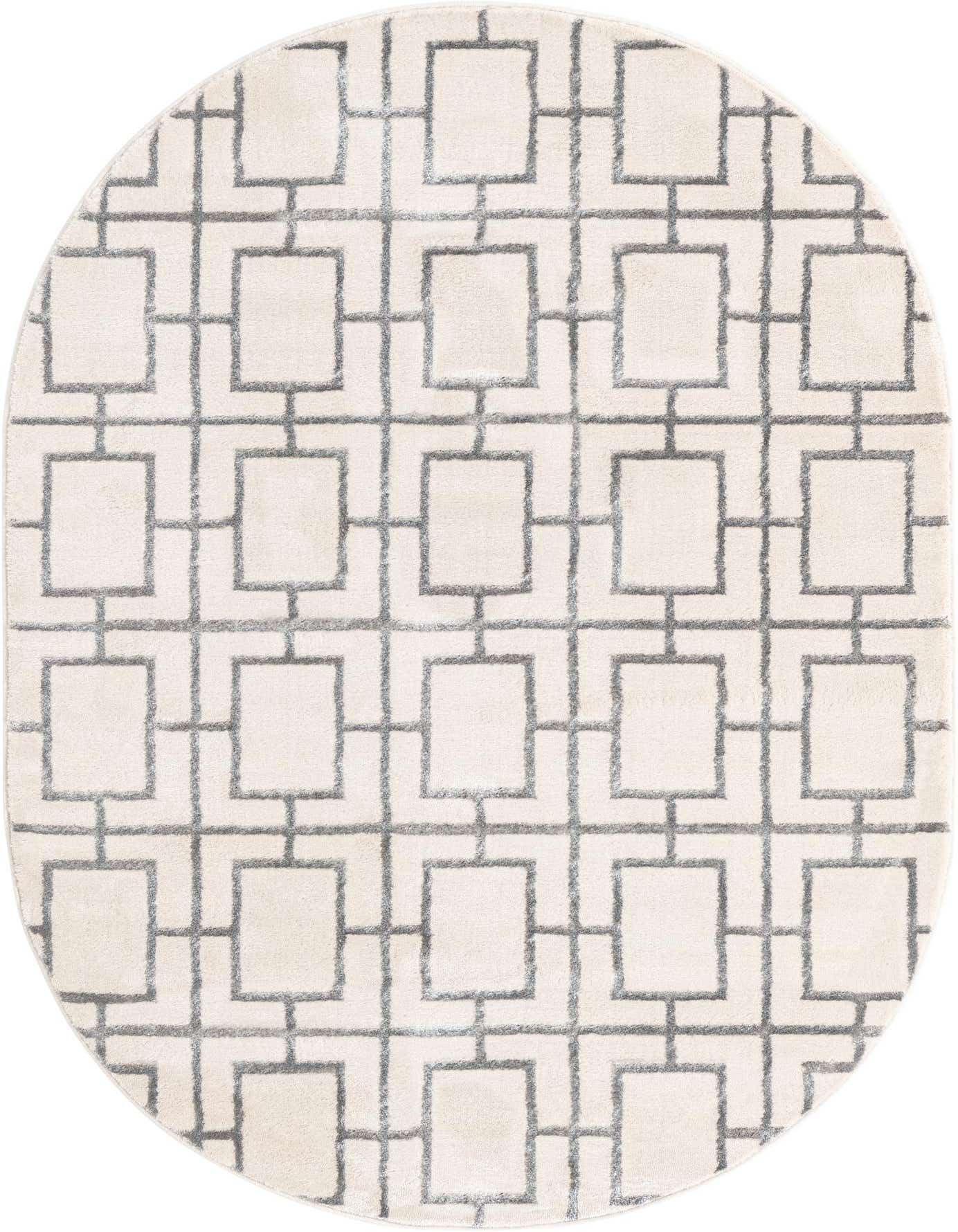 An oval 4'x6' Marilyn Monroe Glam Trellis rug featuring a gray geometric trellis pattern on a white background.