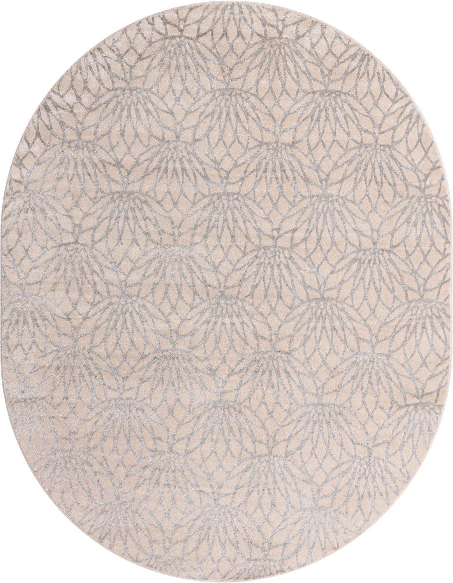 An oval 7' 10 x 10' 0 gray and white rug with a textured Hollywood Glam floral pattern, suitable for indoor spaces.