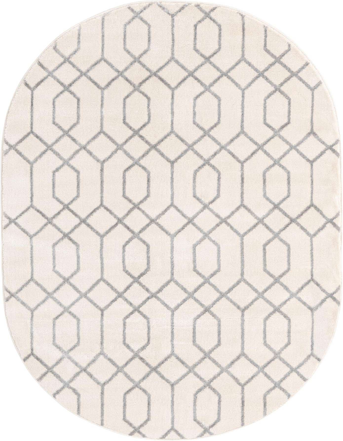 An oval 4'x6' Marilyn Monroe Glam Trellis rug featuring a gray geometric trellis pattern on a white background.
