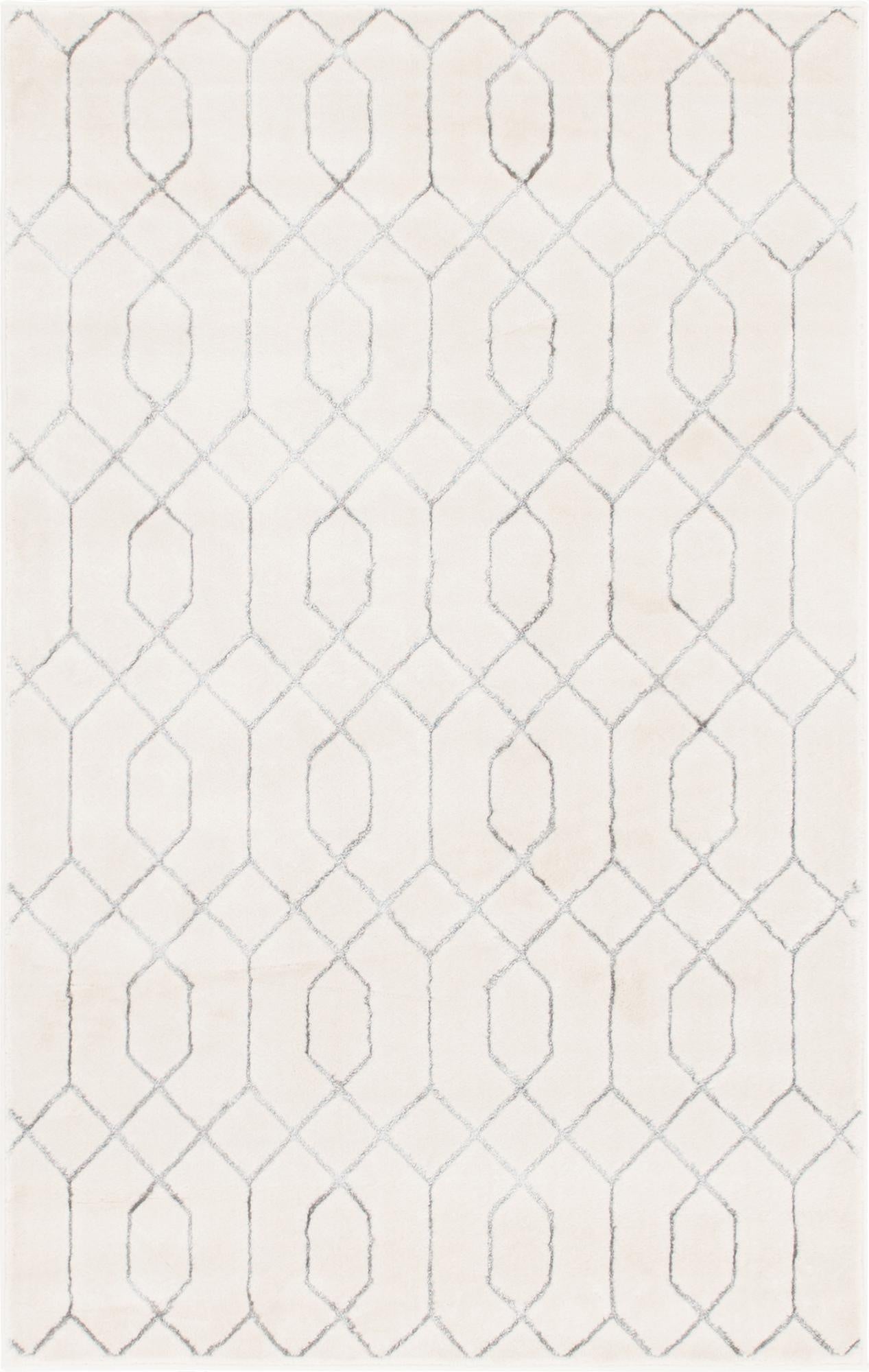A 4x6 rectangular rug with a textured off-white background and a gray Hollywood glam trellis pattern.