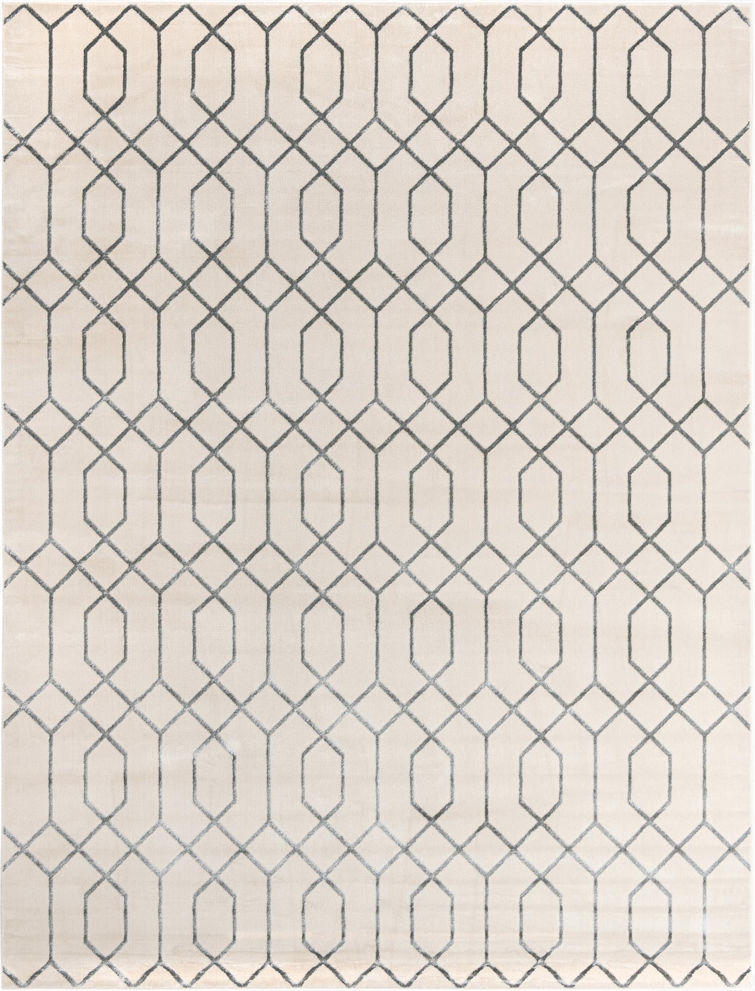 A 10x13 rectangular Marilyn Monroe Glam Trellis rug featuring a modern gray geometric trellis pattern on a white background.