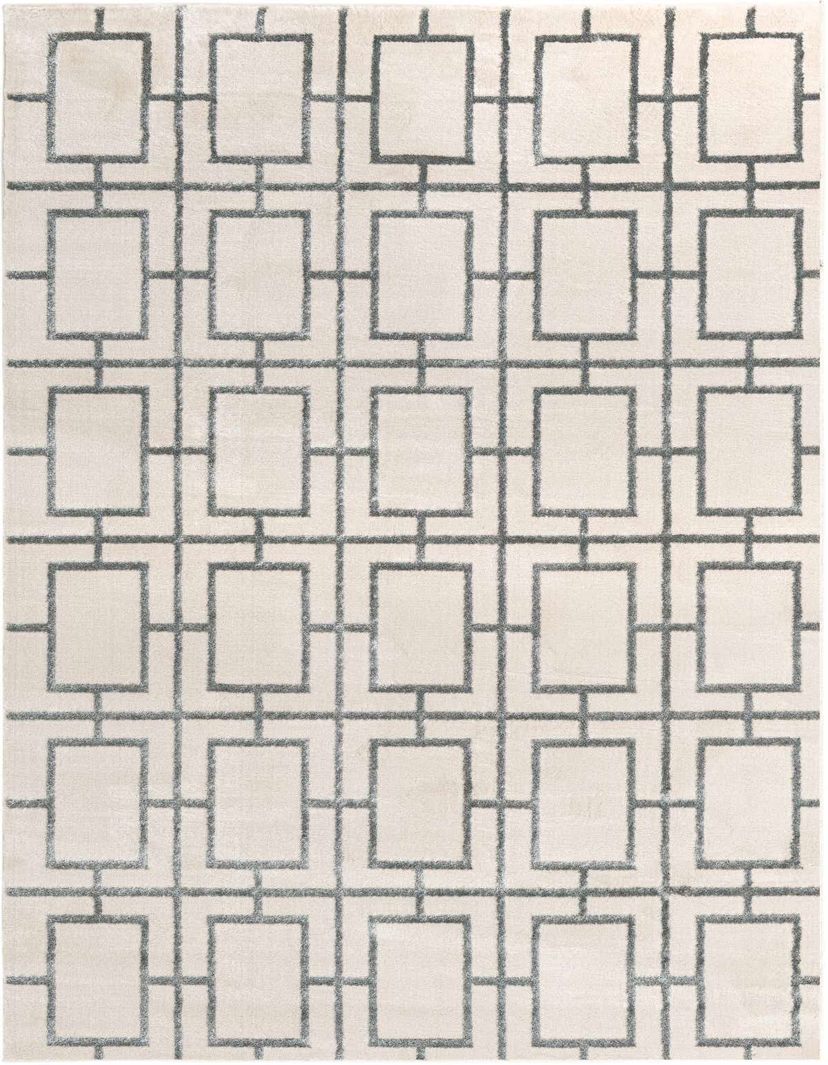 A 5x8 rectangular Marilyn Monroe Glam Trellis rug featuring a gray geometric trellis pattern on a white background.