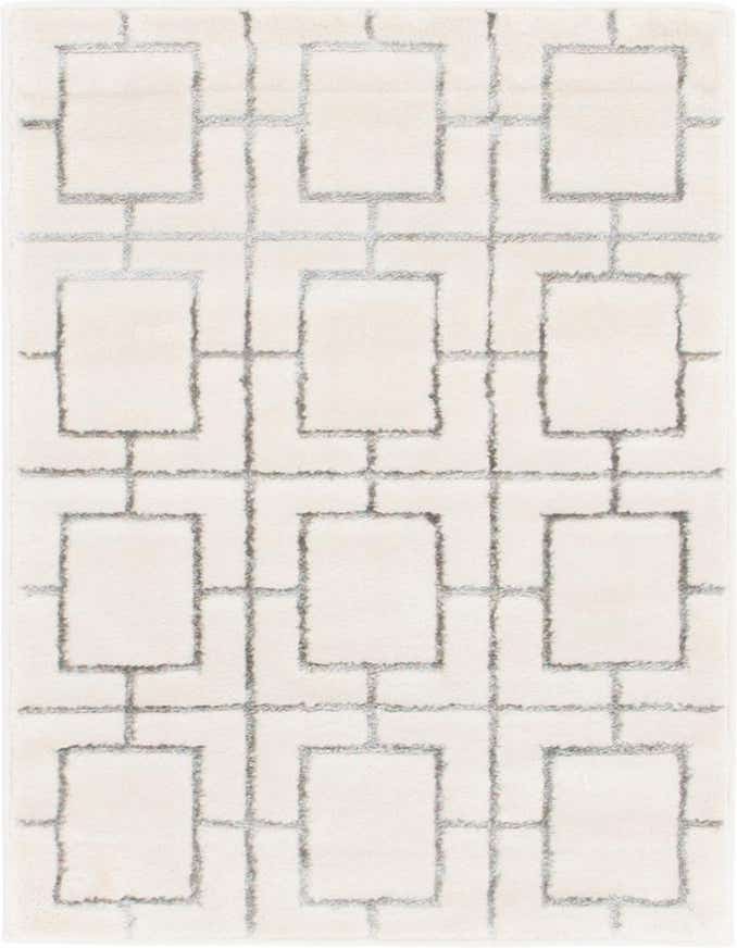 A 2x3 rectangular Marilyn Monroe Glam Trellis rug featuring a gray geometric trellis pattern on a white textured background.