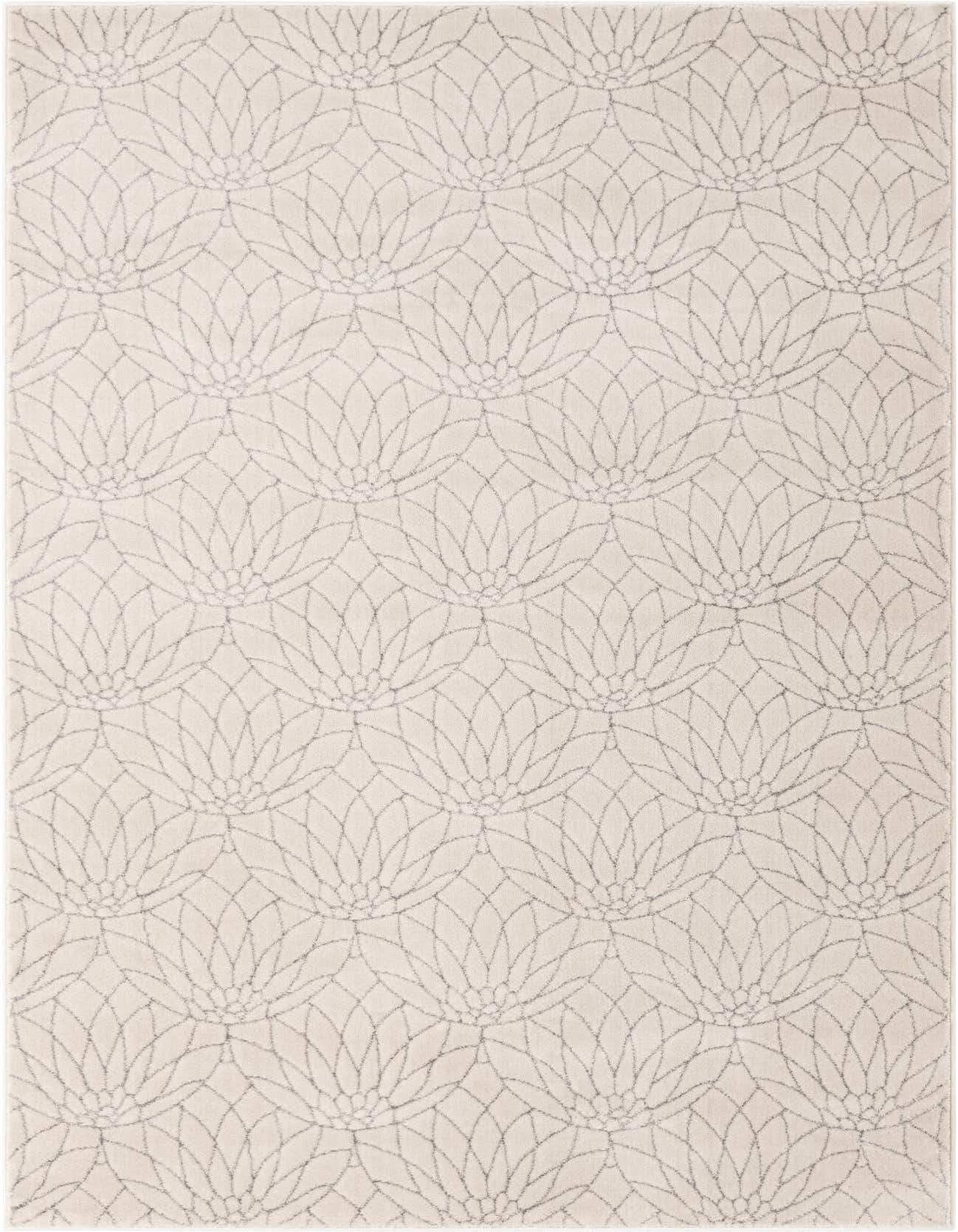 A 5x8 rectangular indoor rug with a textured white pile and a repeating gray Hollywood Glam floral trellis pattern.