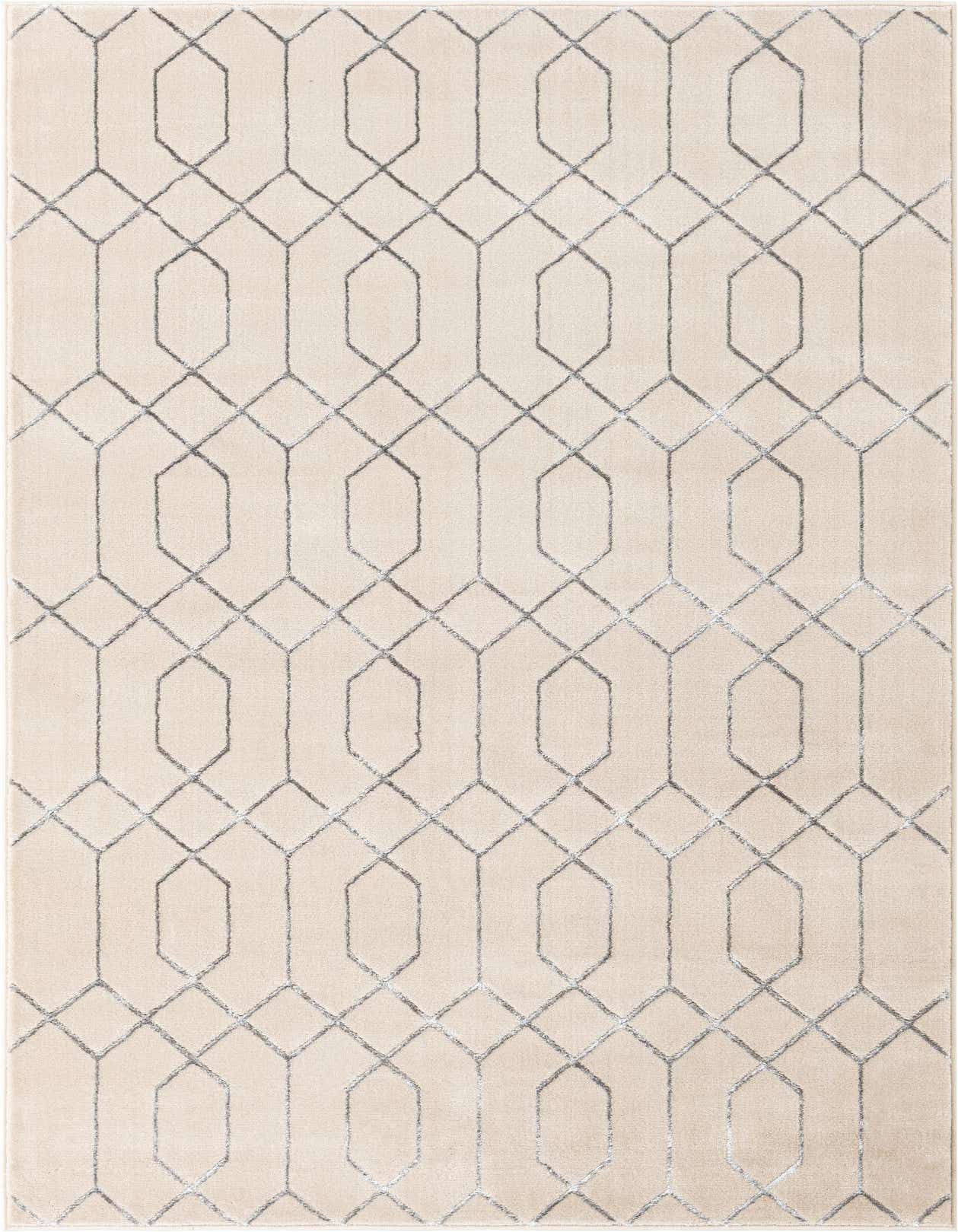 A 5x8 rectangular Marilyn Monroe Glam Trellis rug in white with a textured gray geometric trellis pattern.