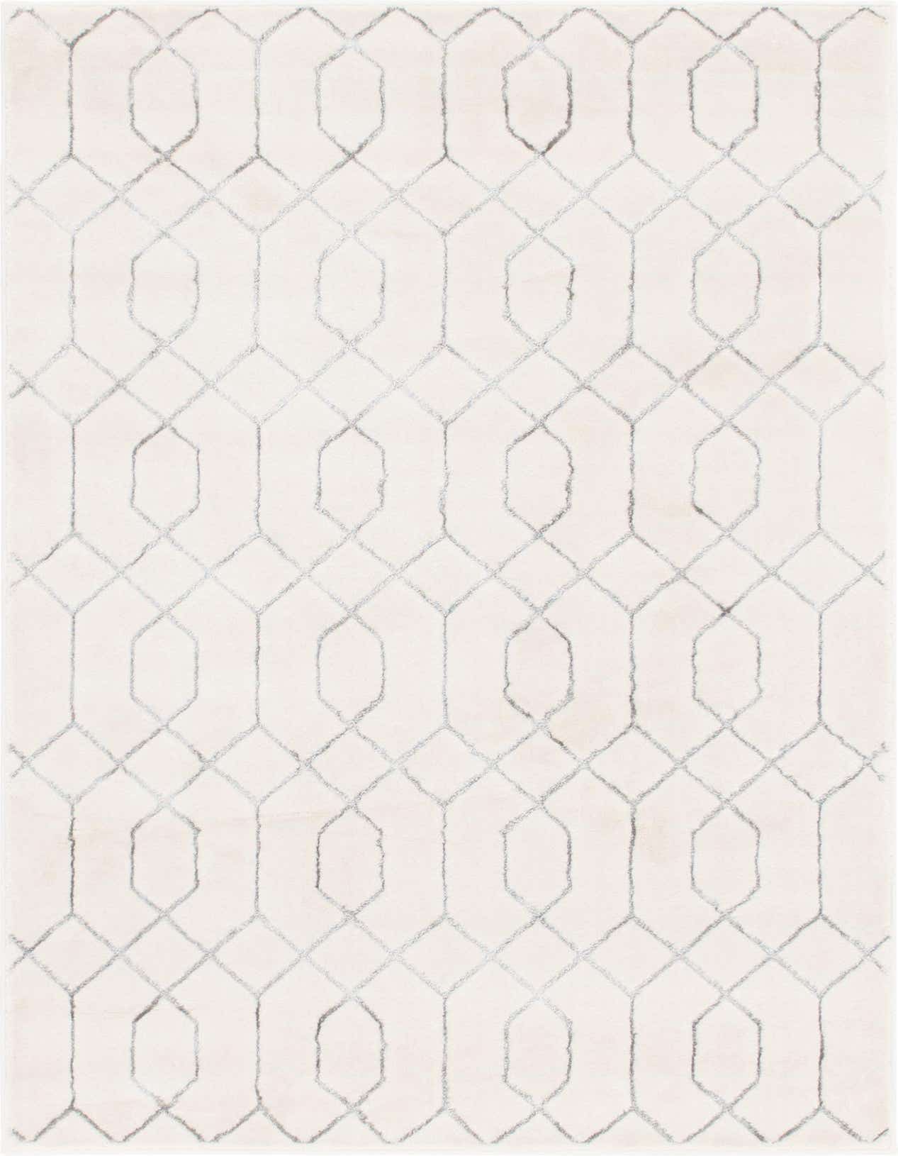 A 4x6 rectangular rug with a textured off-white background and a gray Hollywood glam trellis pattern.