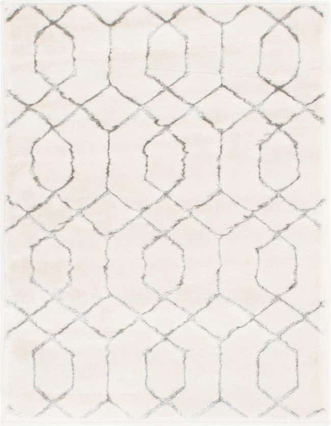 A rectangular 2x3 gray and white Hollywood Glam trellis rug with a textured, high pile, suitable for indoor use.