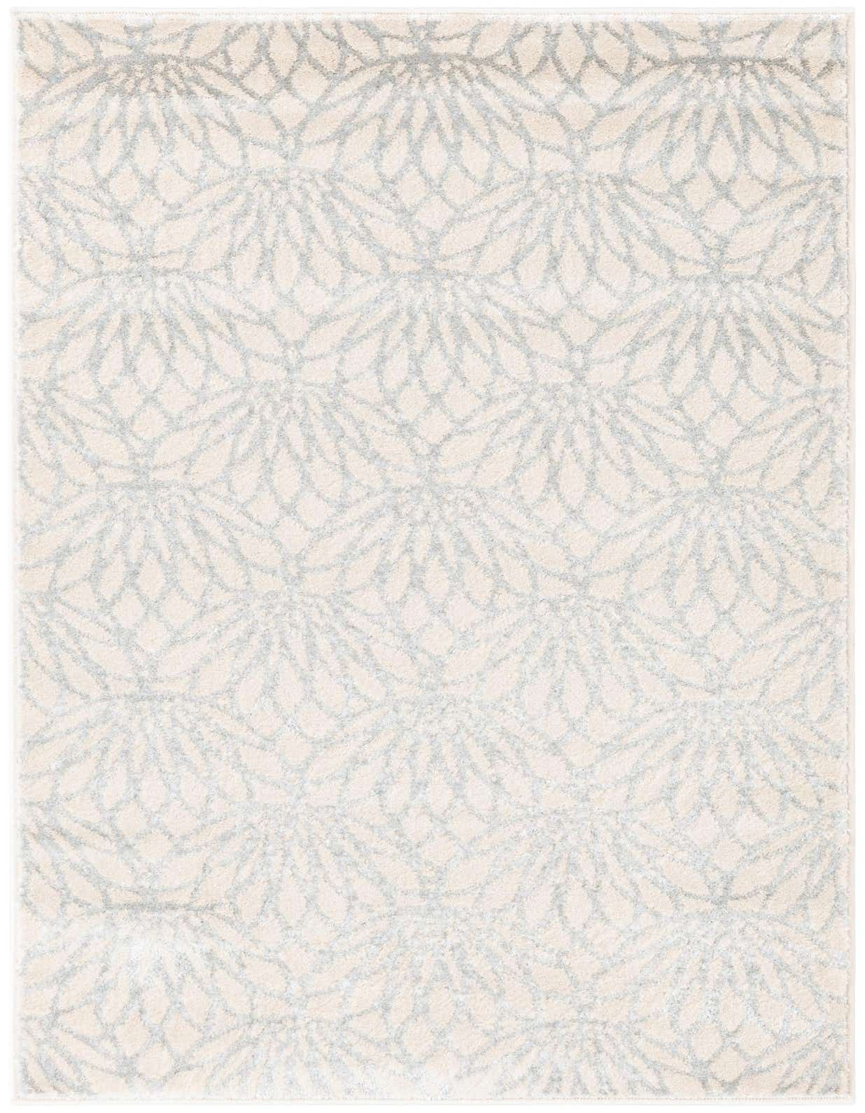A 3x5 rectangular Marilyn Monroe Glam Trellis rug featuring a textured gray floral pattern on a white background, suitable for indoor spaces.