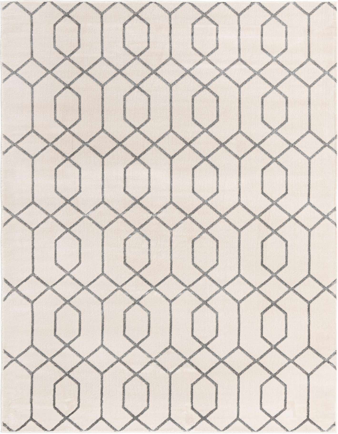 A 7x10 rectangular Marilyn Monroe Glam Trellis rug featuring a gray geometric trellis pattern on a white background.