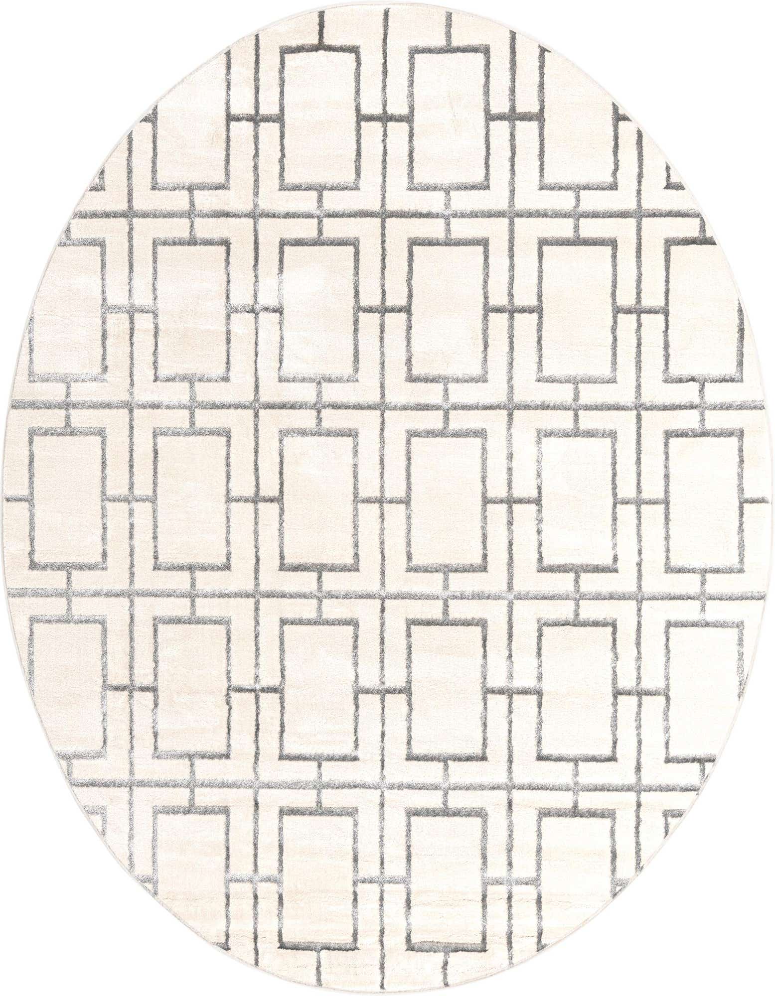 A round 7' 10 x 7' 10 Marilyn Monroe Glam Trellis rug featuring a modern gray geometric trellis pattern on a white background.