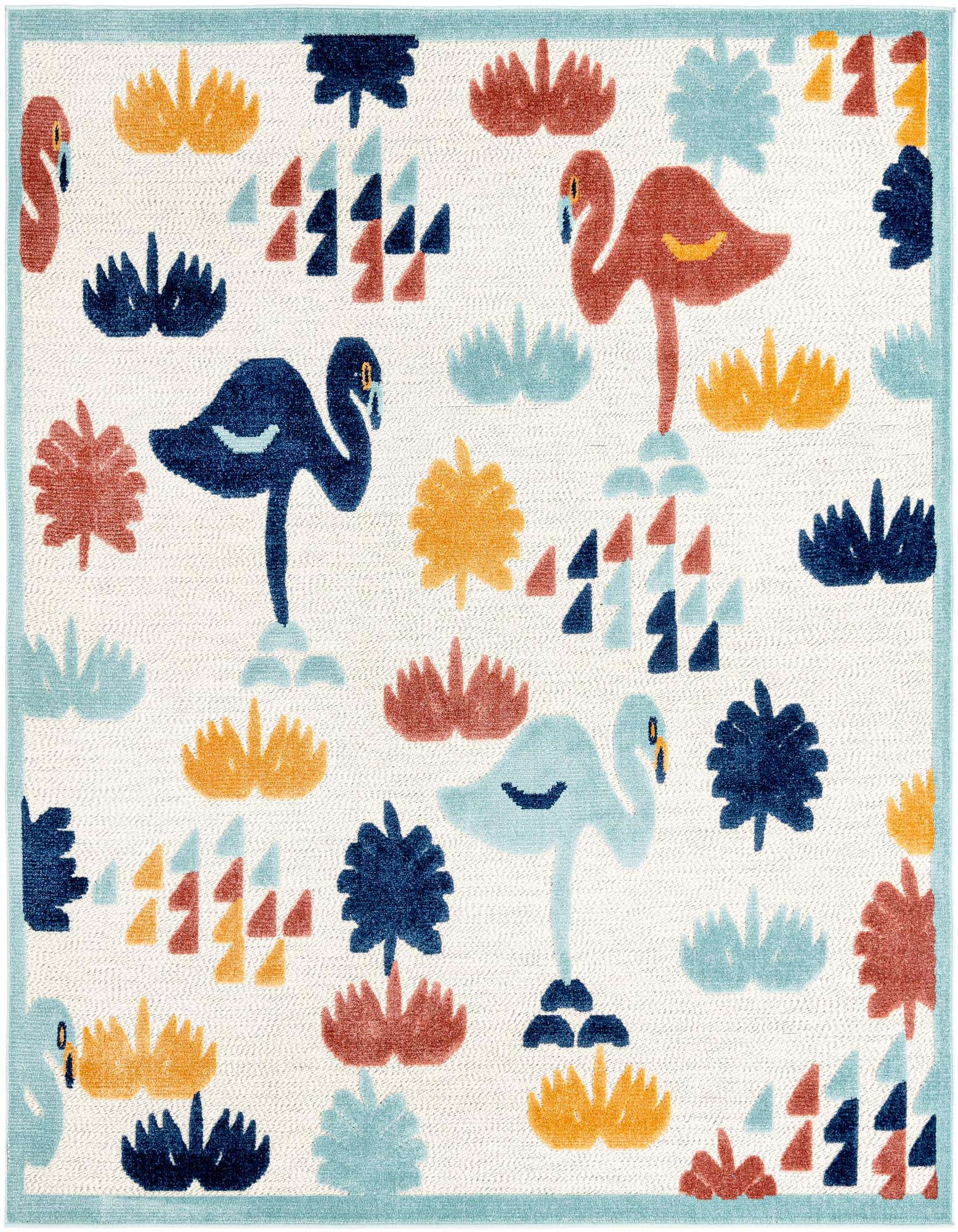 A square white indoor/outdoor rug with a playful pattern of blue, light blue, and coral flamingos, surrounded by abstract orange, coral, and blue foliage, perfect for a patio.