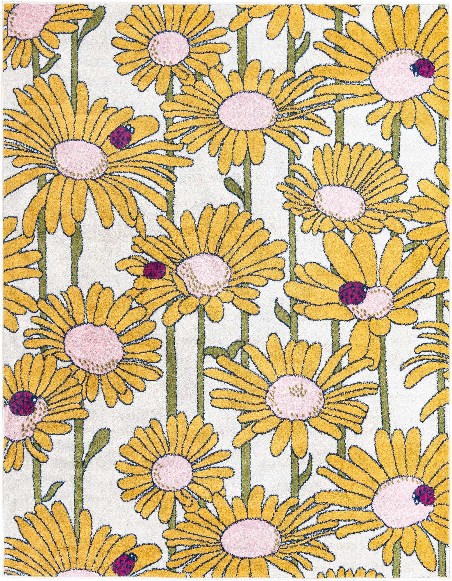 A white square rug with a vibrant modern floral pattern of yellow daisies with pink centers and green stems, accented with small purple ladybugs.