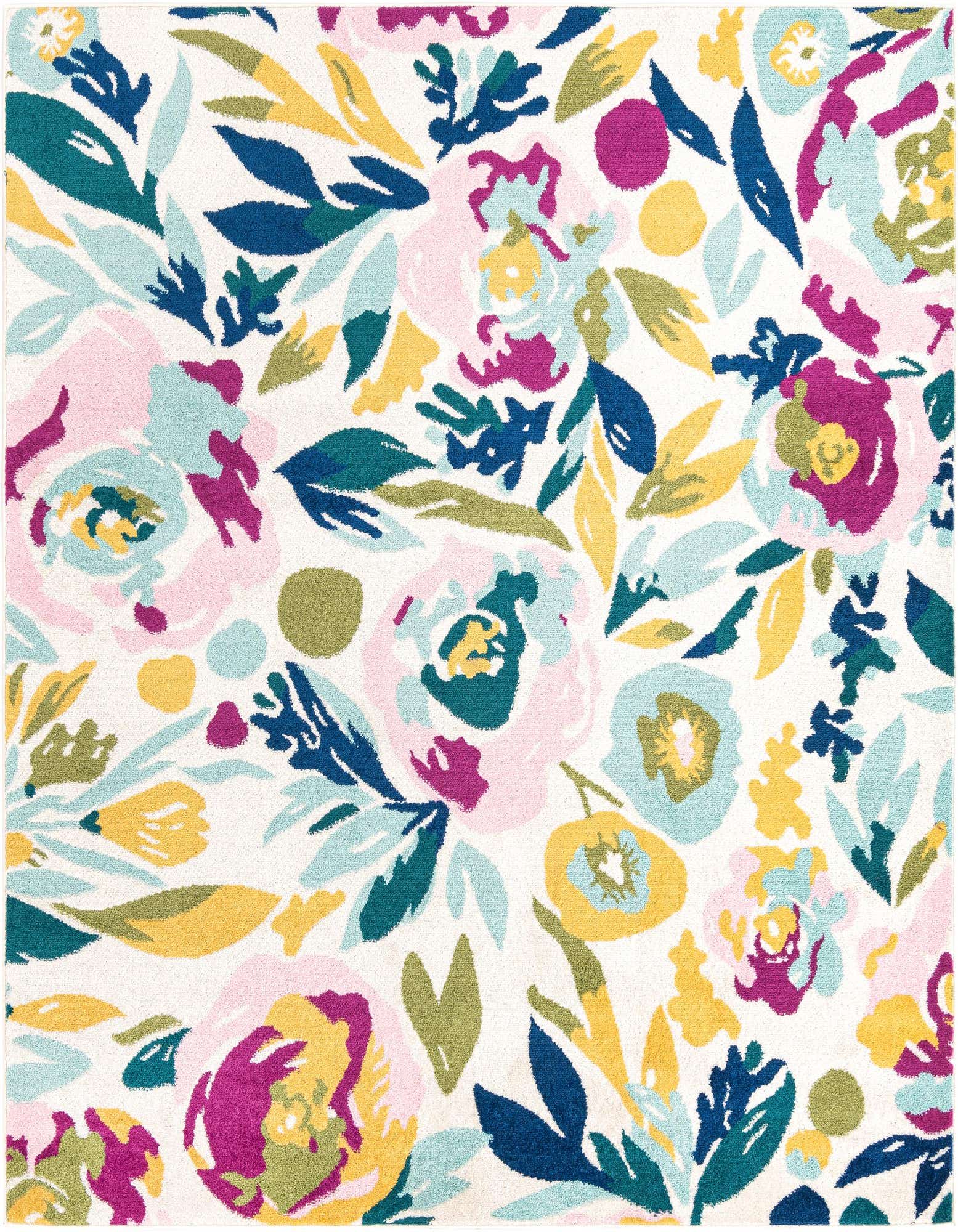 A square white rug with a vibrant modern floral pattern featuring pink, teal, yellow, and magenta blooms and green leaves.