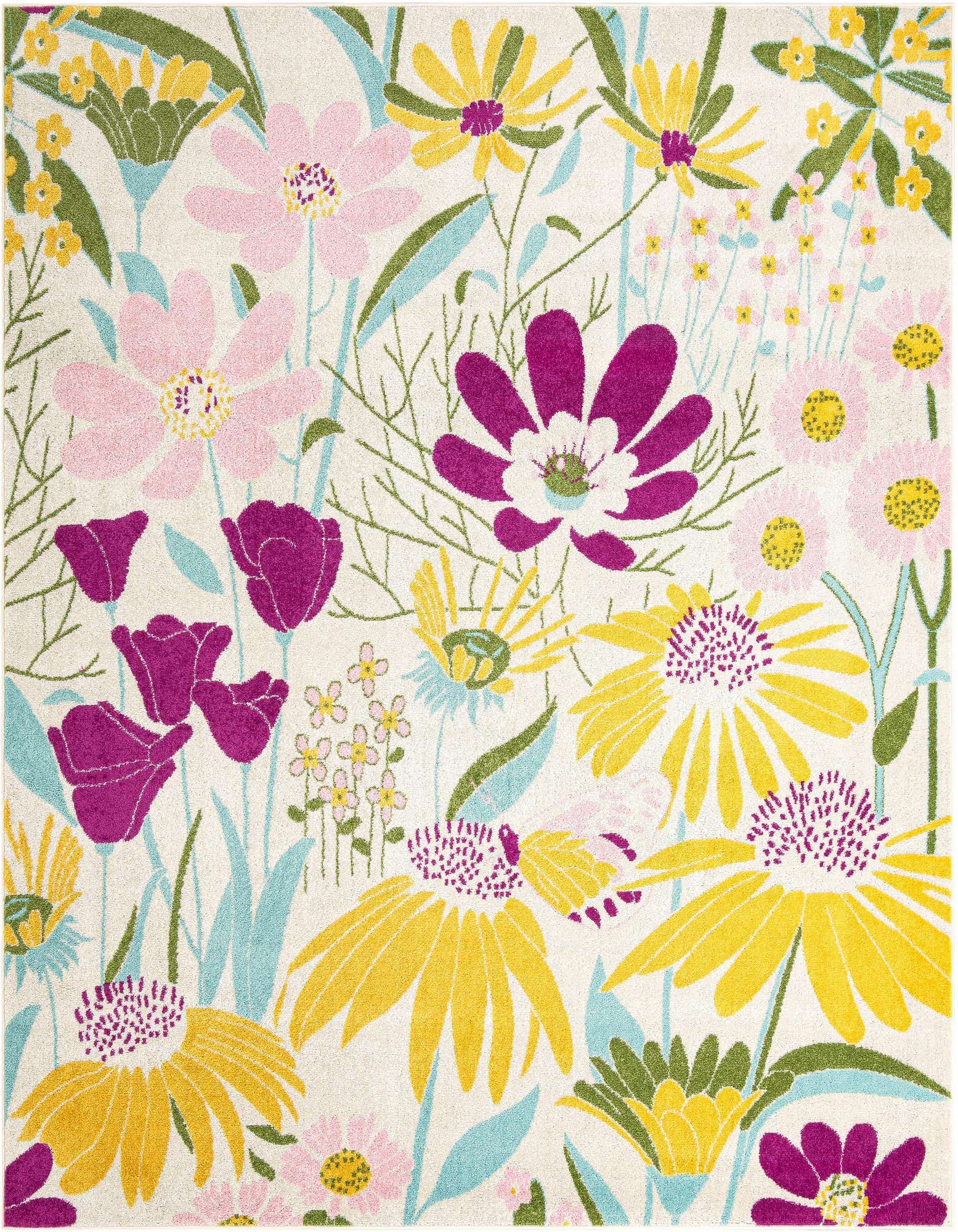 A square white rug with a vibrant floral pattern featuring large yellow, pink, and magenta flowers with green leaves.