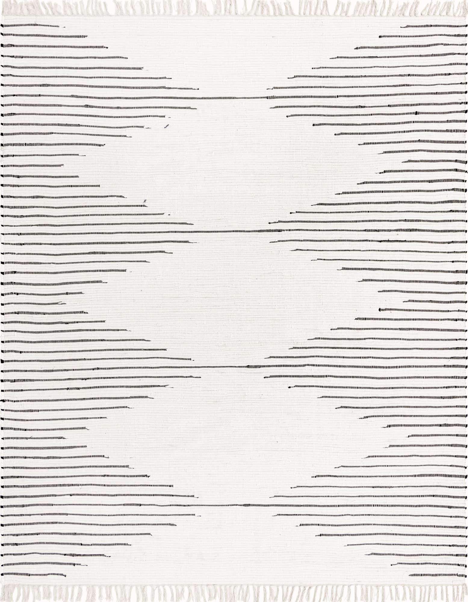 A 10'x10' square white cotton flatweave rug with a subtle textured pattern of thin, horizontal black lines, featuring white fringe on two sides.