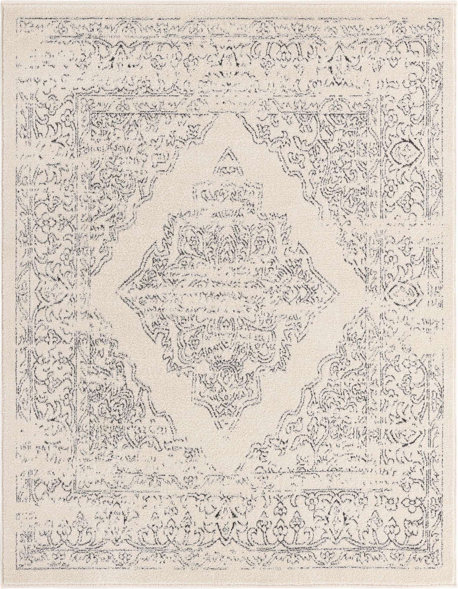 A 5'x5' square white rug with a distressed black traditional medallion pattern, ideal for a living room or bedroom.