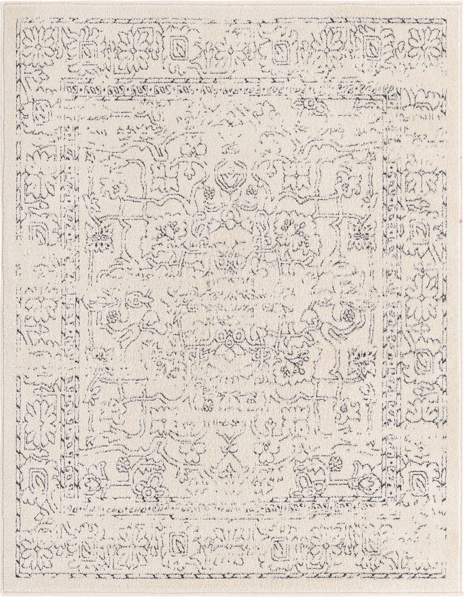 A 5'x5' square white Isabella area rug with a distressed traditional medallion and border pattern in light gray.