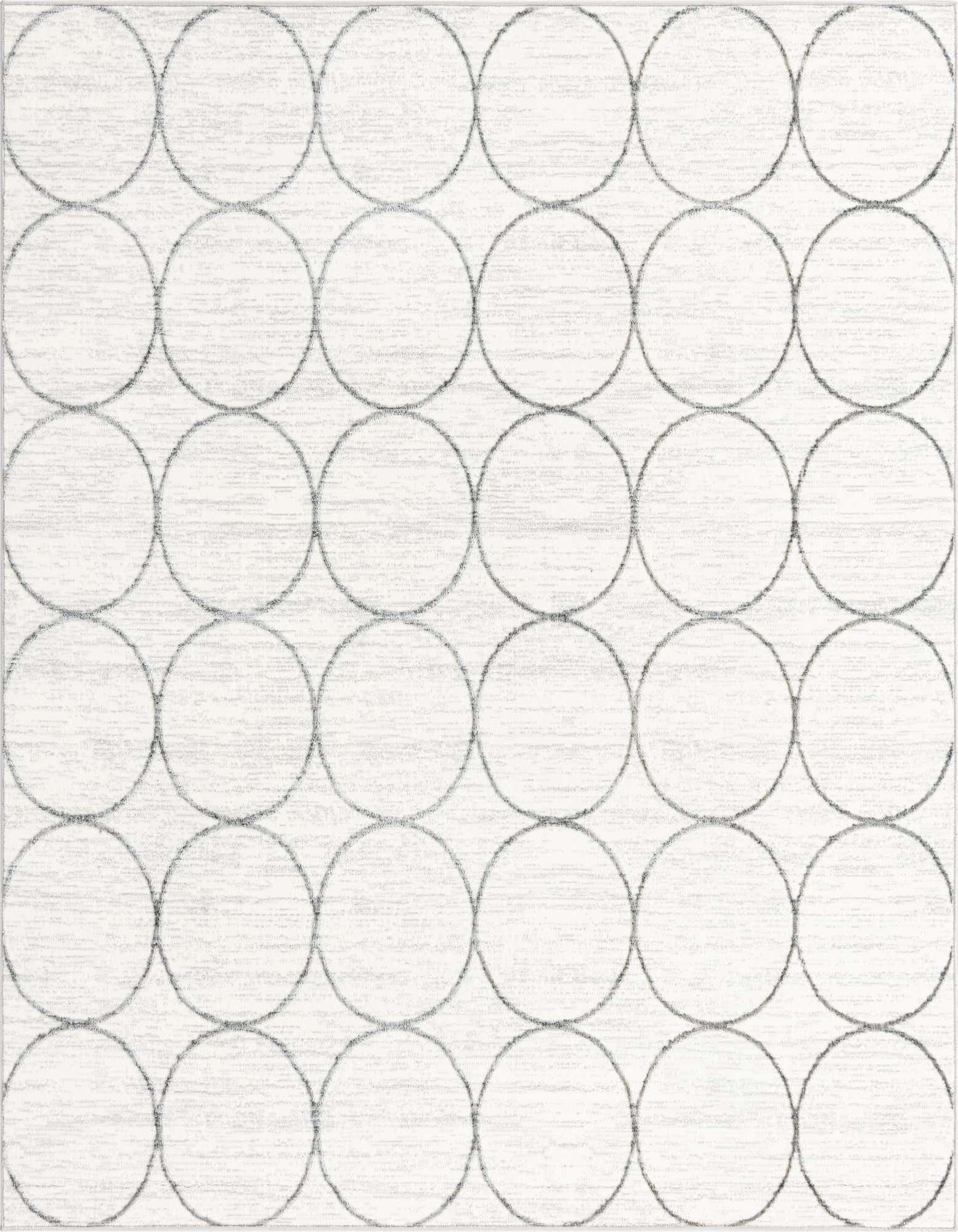 A 7x7 square white area rug with a subtle textured pile and a repeating pattern of light gray outlined circles.