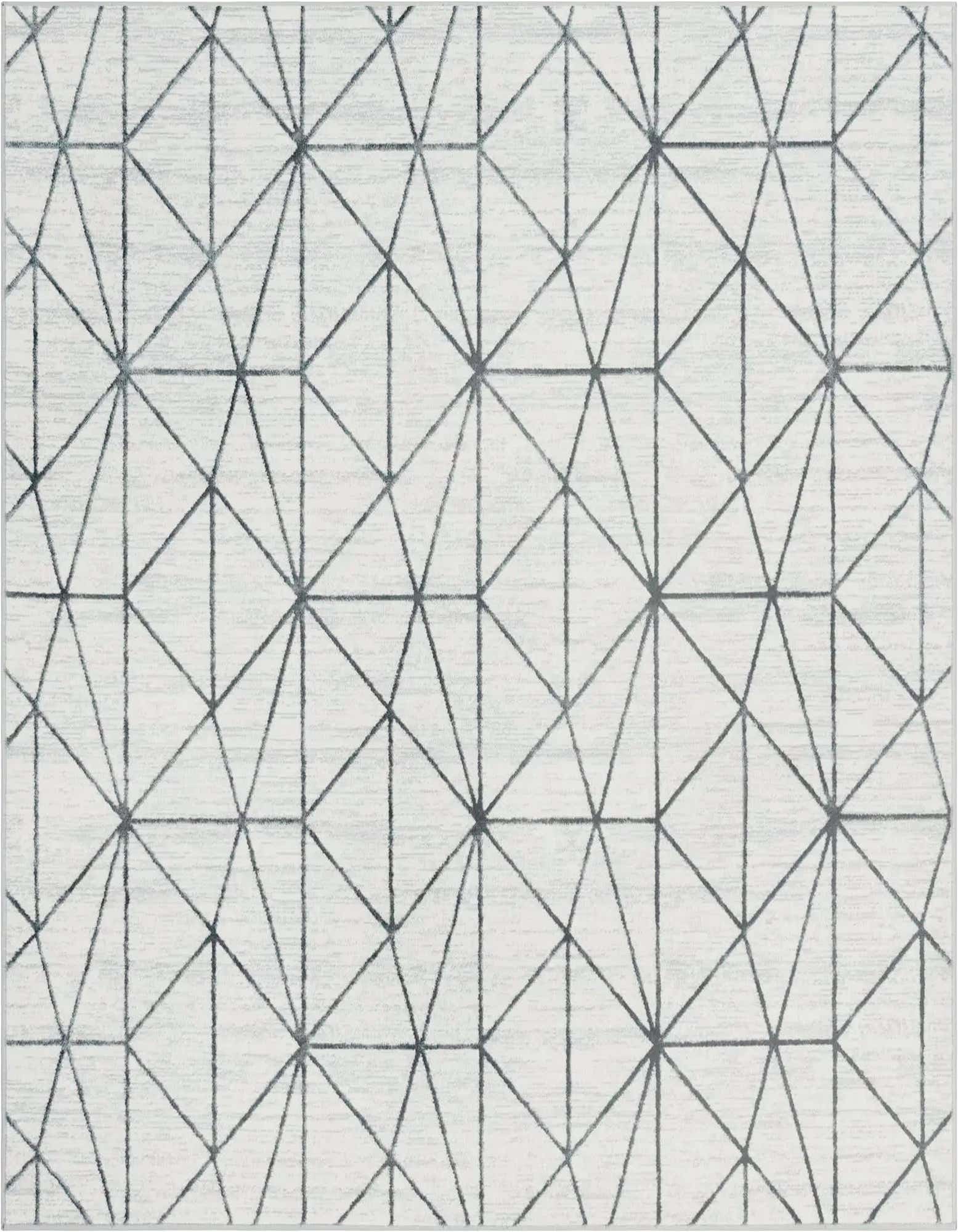 A 7' 0 x 7' 0 square white area rug featuring a modern geometric lattice trellis pattern in dark gray.