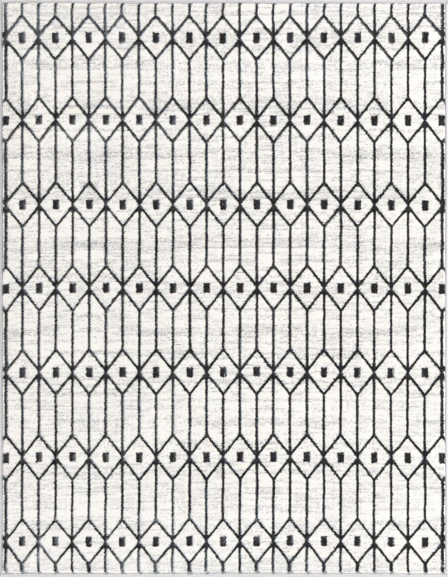 A 5' 3 x 5' 3 square white modern rug with a black geometric trellis pattern and textured pile.