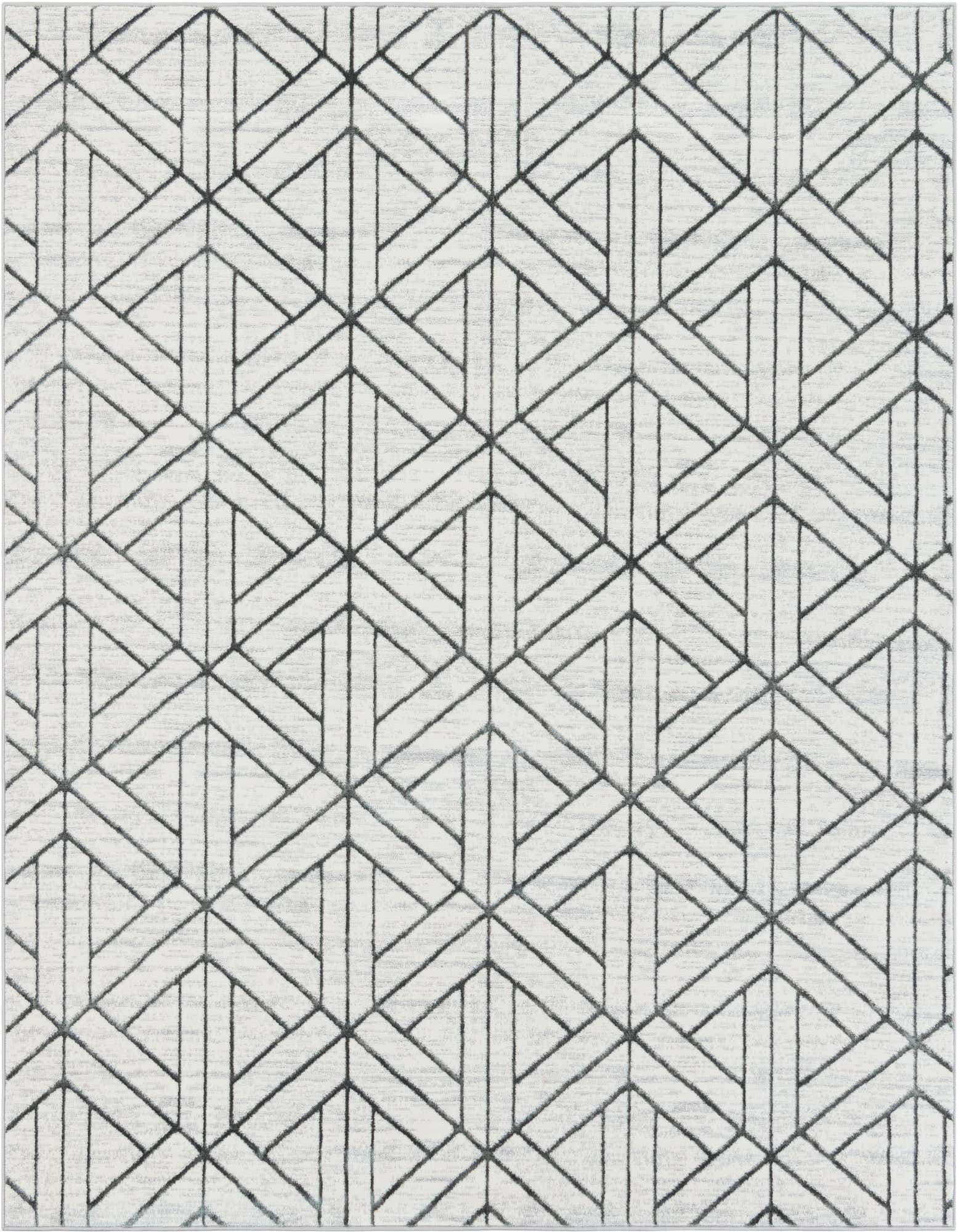 A 7' 10 x 7' 10 square white modern rug featuring a bold black geometric lattice trellis pattern.