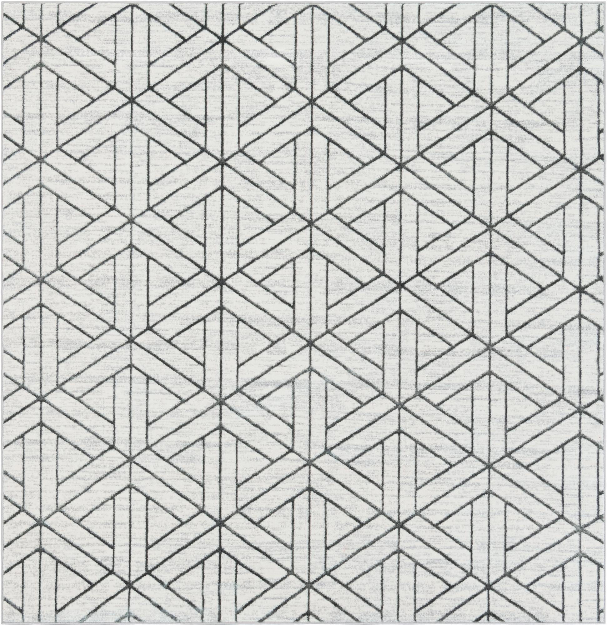 A 7' 10 x 7' 10 square white modern rug featuring a bold black geometric lattice trellis pattern.