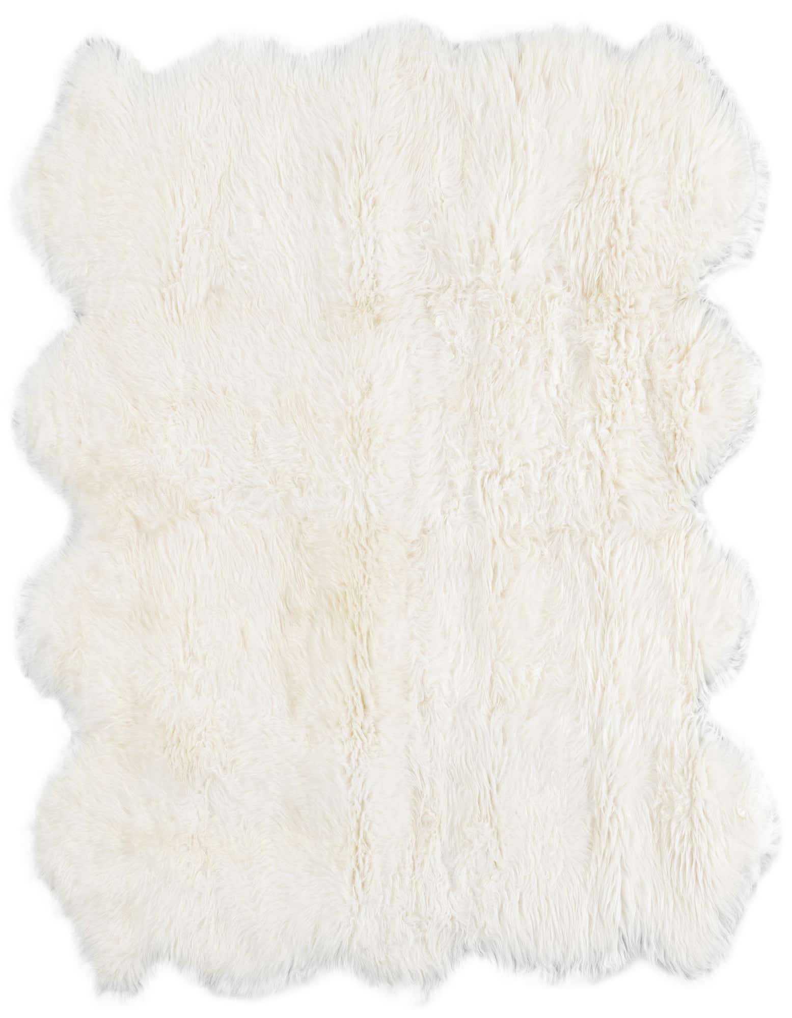 A luxurious 6'x6' square white lambskin rug with a plush, shaggy texture and natural wavy edges.