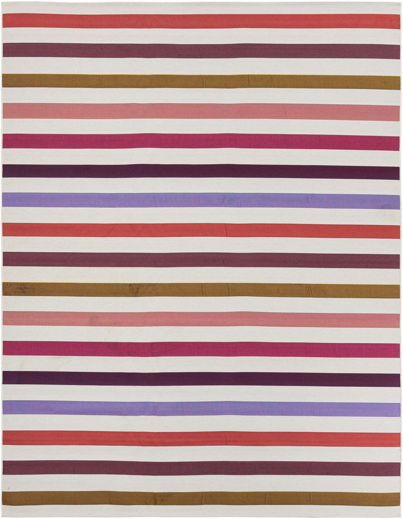 A 10' 0 x 10' 0 square rug with modern horizontal stripes in white, red, pink, purple, and brown, suitable for indoor or outdoor use.