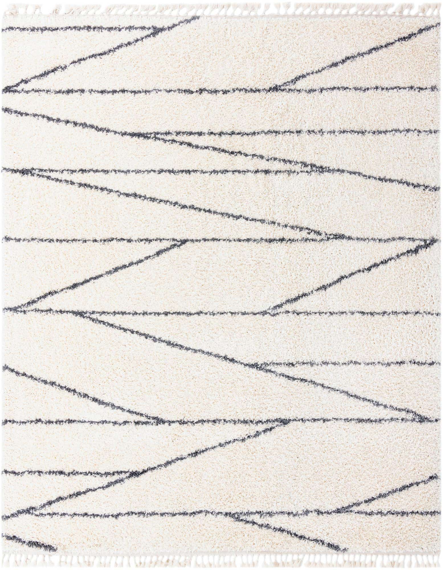 A 10' 0 x 10' 0 square white shag rug with a modern, abstract black stripe pattern and fringed edges.