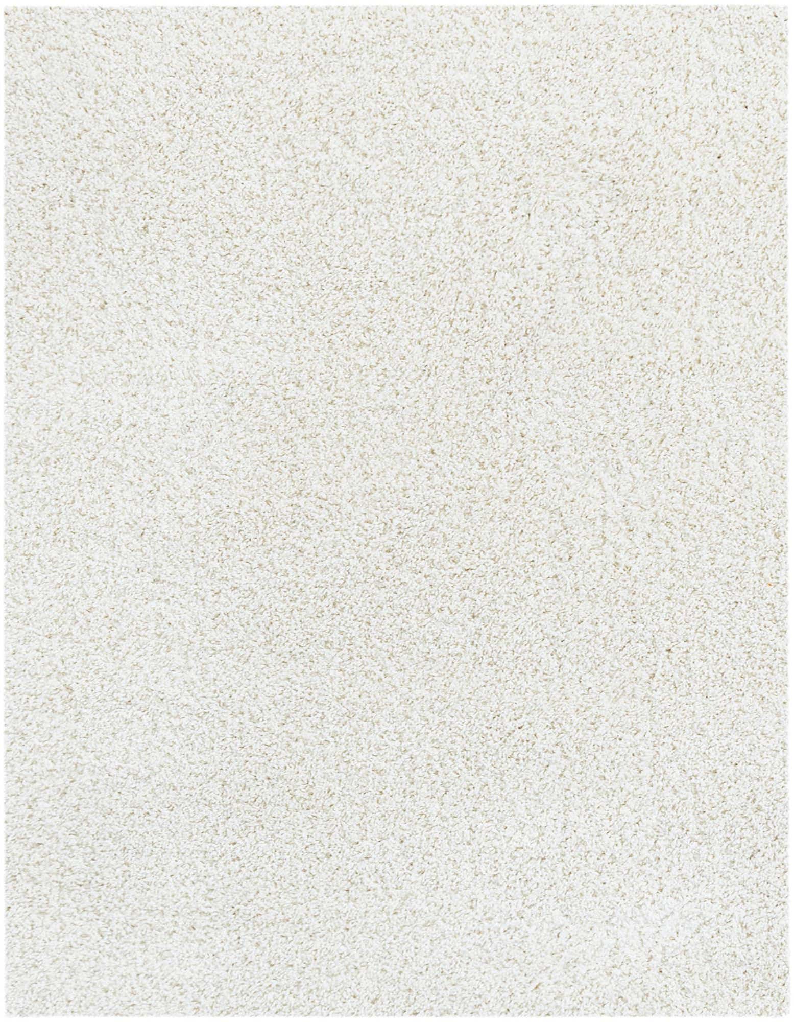 A close-up view of an 8'x8' square white shag rug, showcasing its soft, textured pile.