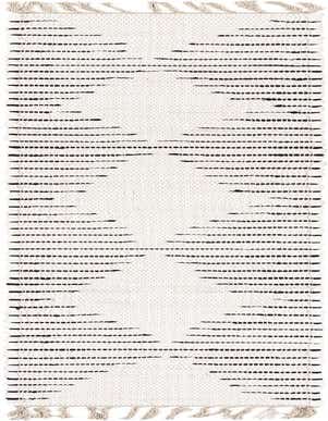 White 1' 2 x 8' 0 cotton runner rug with black striped tribal pattern and fringed ends, suitable for a hallway or kitchen.