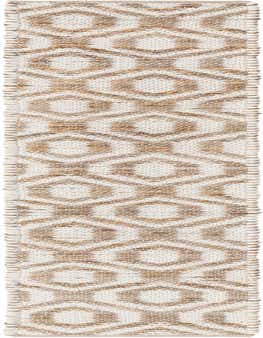 A 1' 2 x 10' 0 runner rug featuring a natural jute and white denim geometric pattern, ideal for a table or hallway.