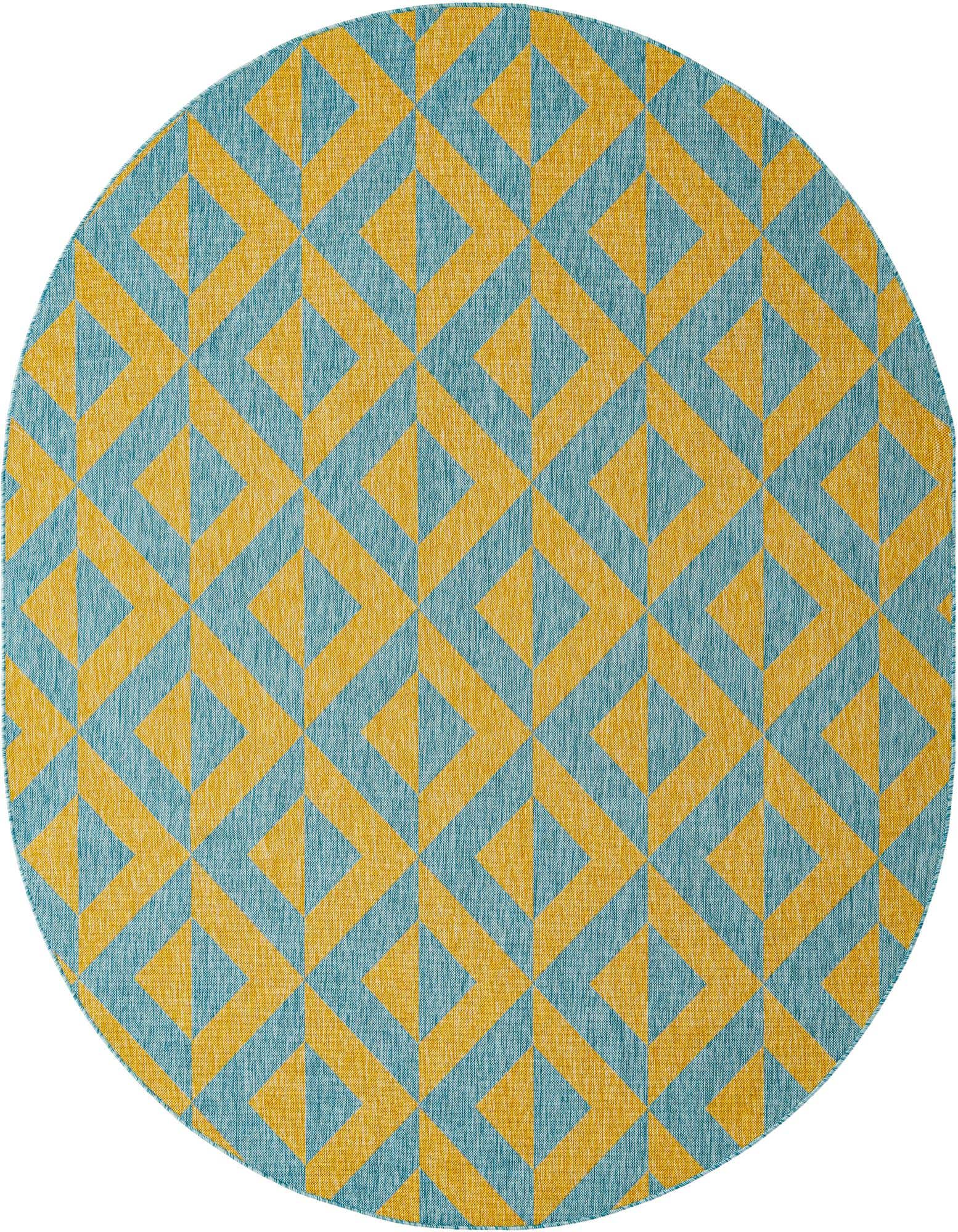 An oval outdoor rug featuring a bold geometric trellis pattern in alternating teal blue and golden yellow, perfect for a patio.