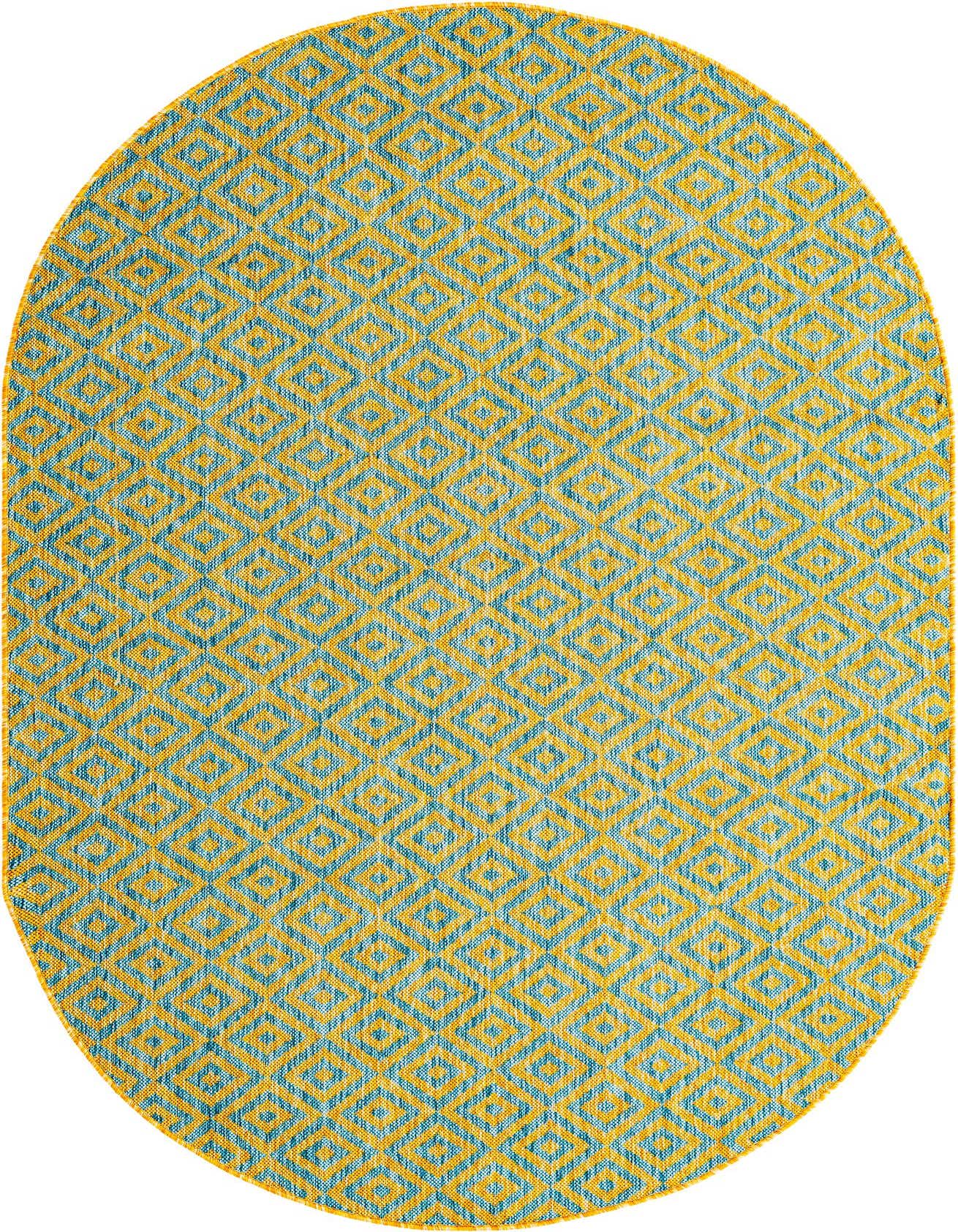 An oval 5'3" x 8'0" Jill Zarin Outdoor rug featuring a blue and yellow/gold Bohemian trellis pattern.