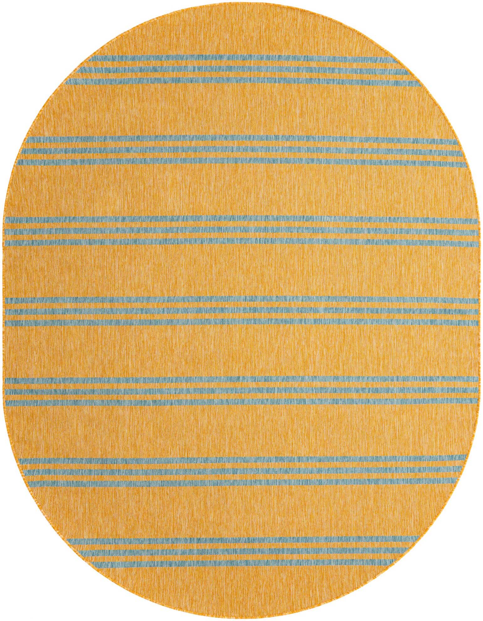 A 7' 10 x 10' 0 oval indoor/outdoor rug with a modern blue and gold stripe pattern on a textured flatweave.