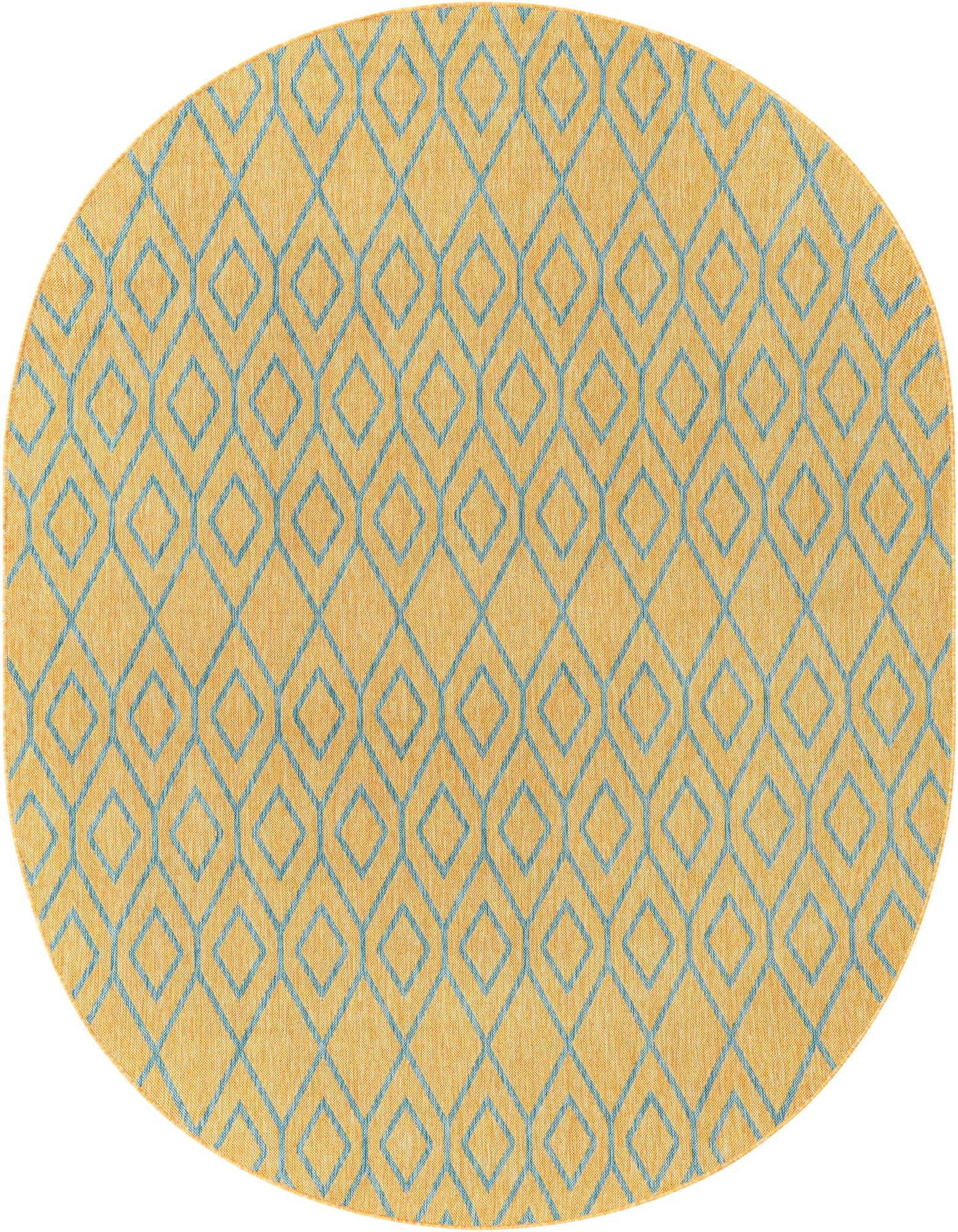 An oval 7' 10 x 10' 0 Rugs.com Jill Zarin Outdoor rug in gold with a blue modern trellis pattern, suitable for a patio.
