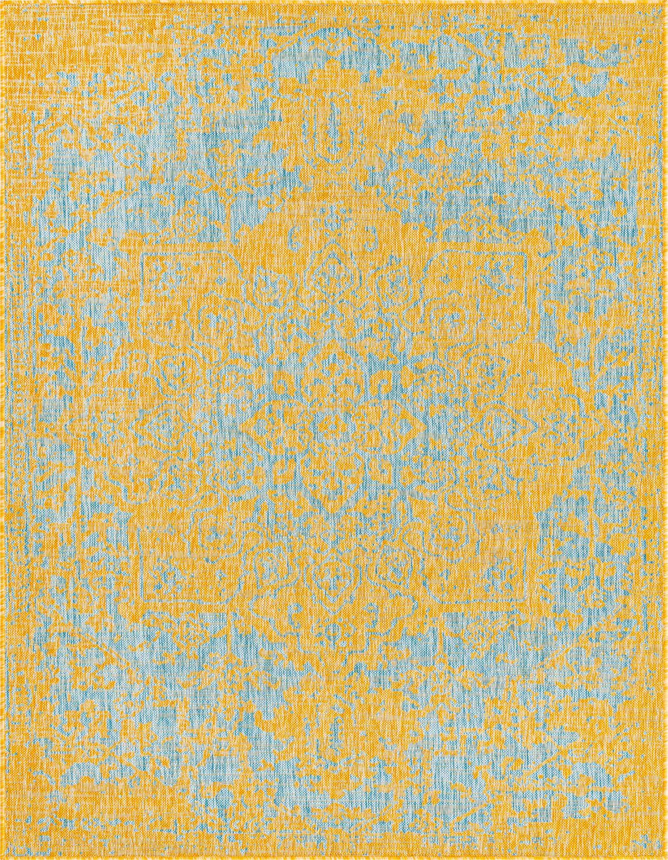 A 5x8 rectangular indoor/outdoor rug featuring a distressed medallion pattern in vibrant blues and yellows/golds, ideal for a living room or patio.