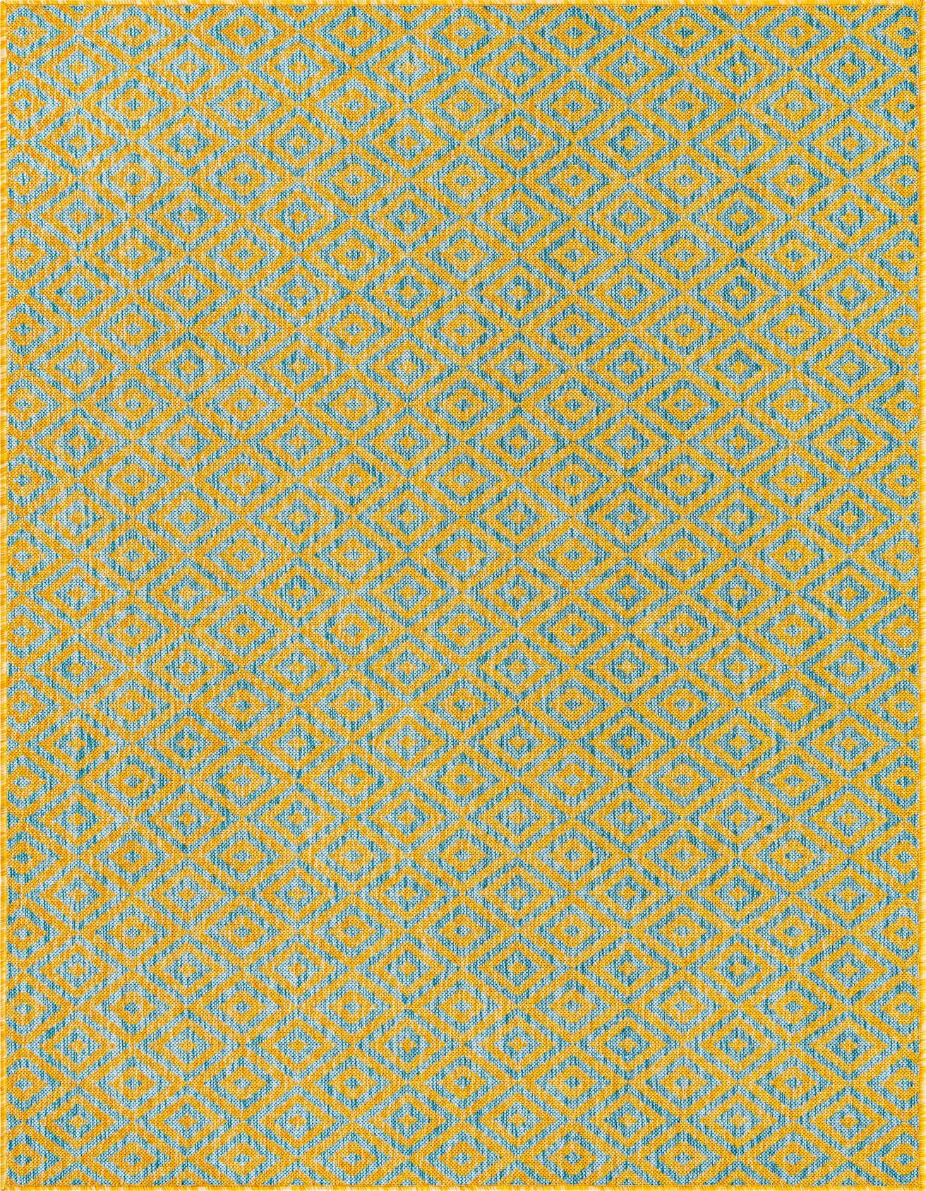 A 5x8 rectangular indoor/outdoor rug featuring a repeating geometric trellis pattern in gold and blue.